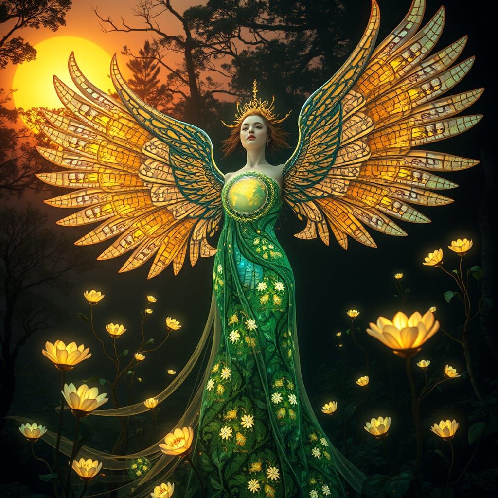 Mystical Woman with Swan Wings Rises Amidst Labyrinth of Lig...