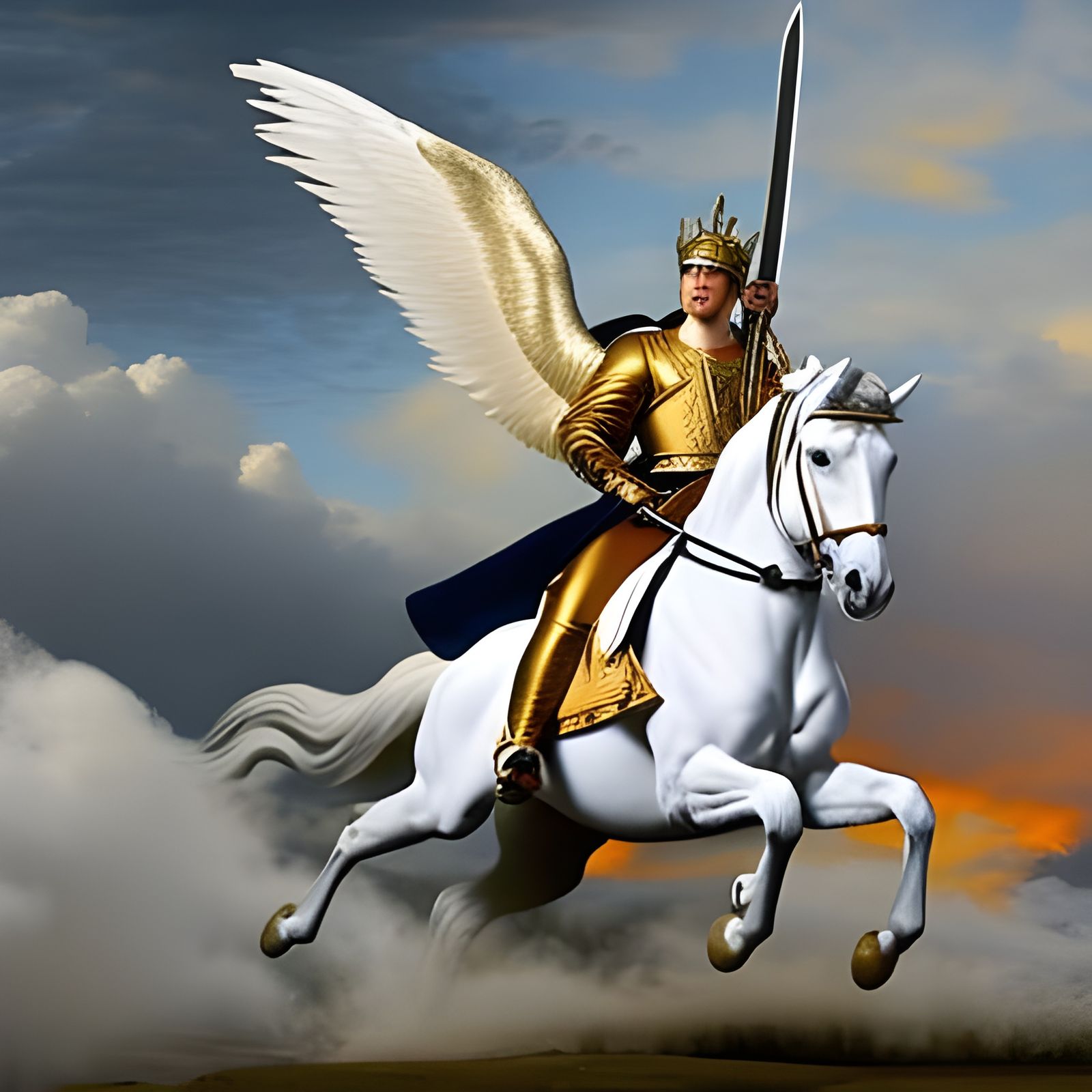 Angel on White Horse Descends from Heaven