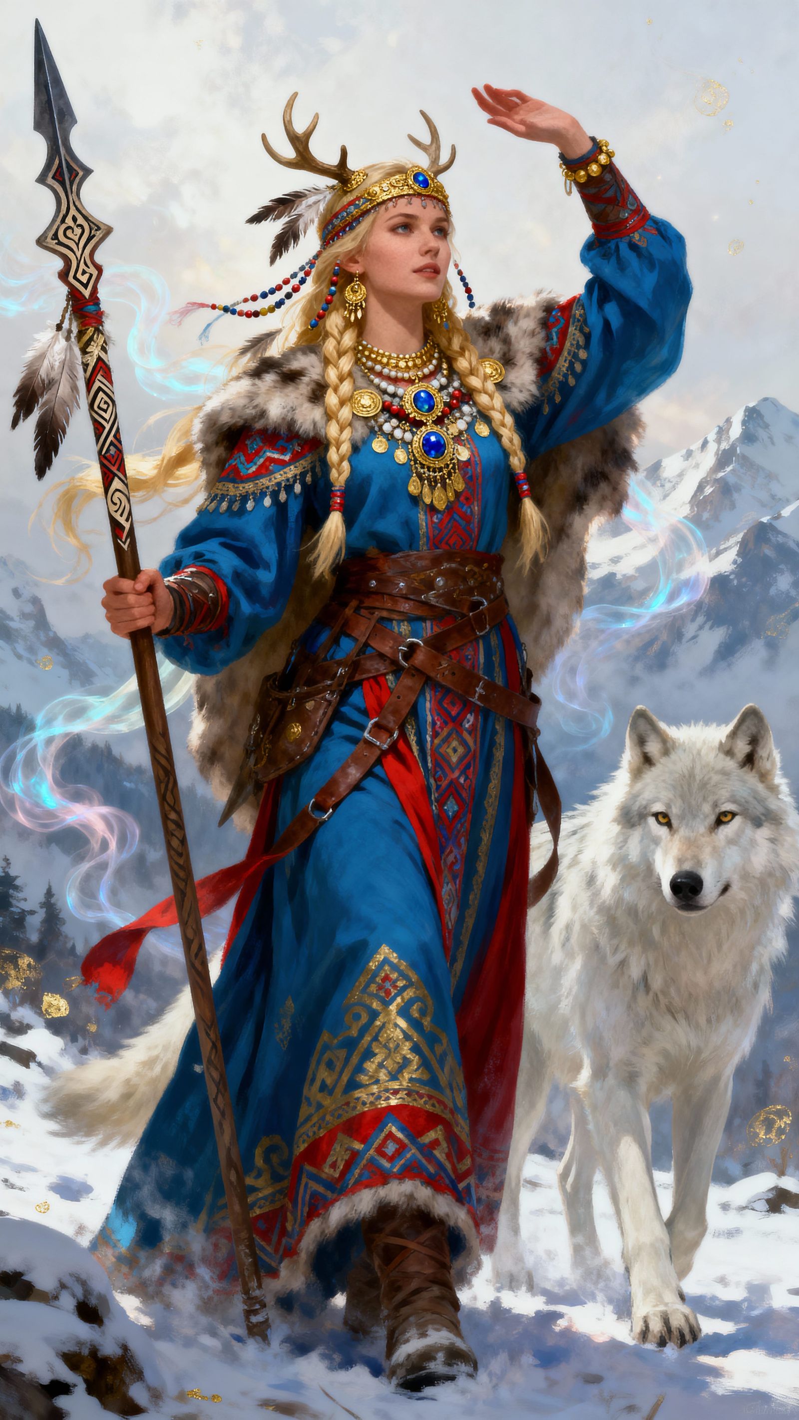 Ethereal Warrior with Wolf in Snowy Mountains