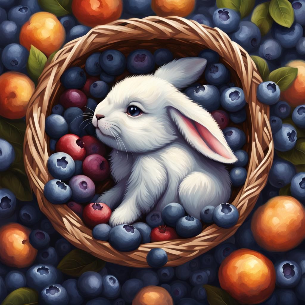 Hyperrealistic Sleepy Bunny in Basket of Blueberries
