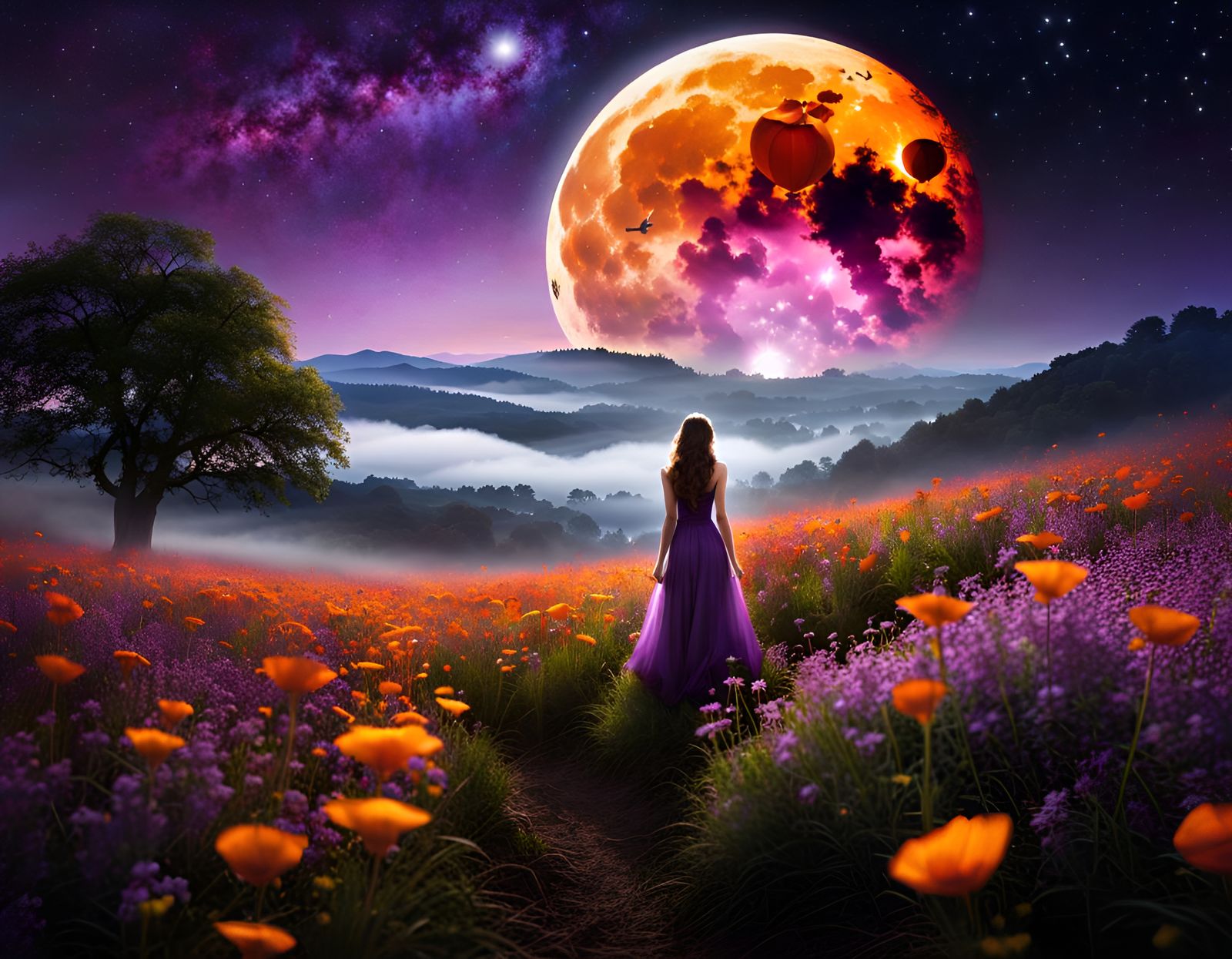Girl Gazing at Moonlit Sky with Shooting Stars