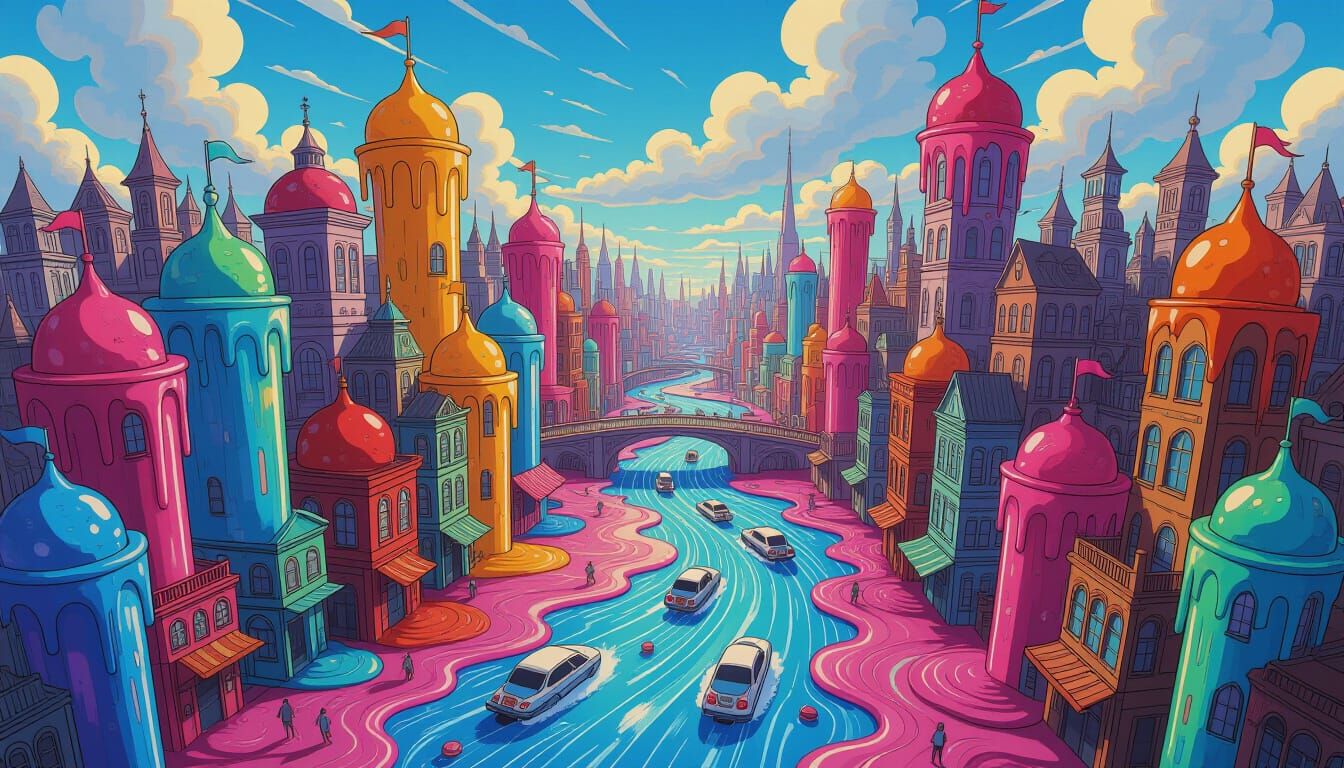 Vibrant Liquid Cityscape with Soda Rivers in Anime Style