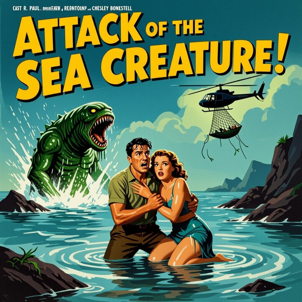 1940s Sci-Fi Poster: Sea Creature Attacks!