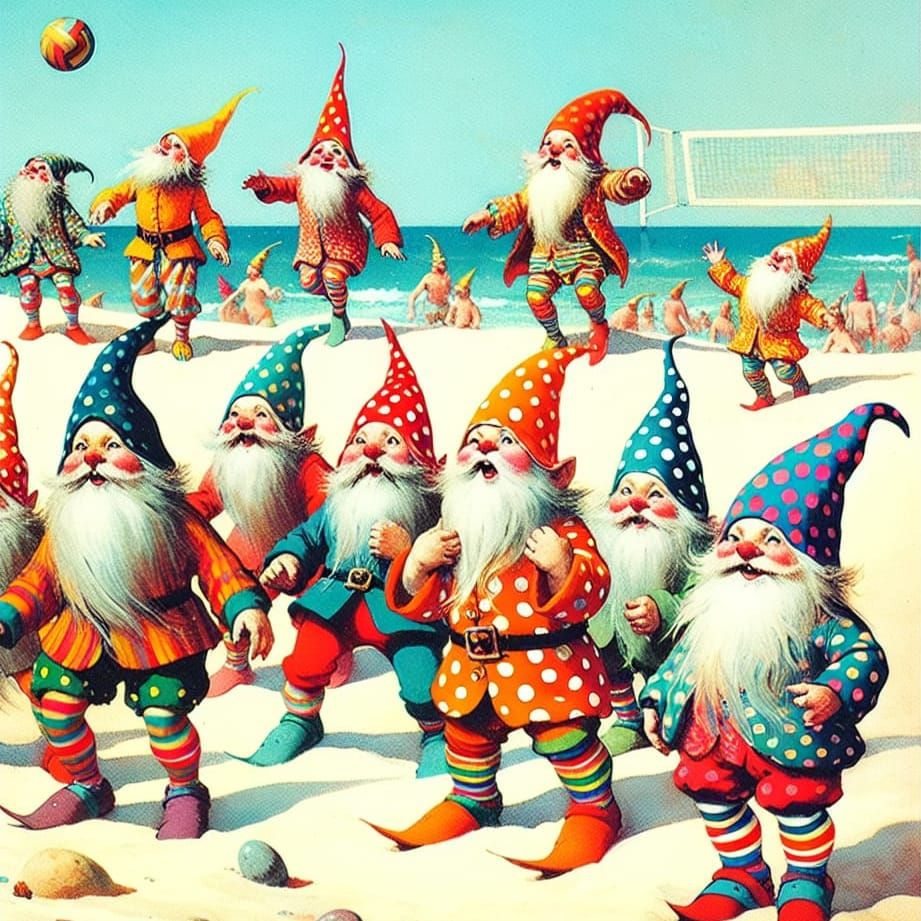 Gnomes Play Volleyball on Sunny Beach