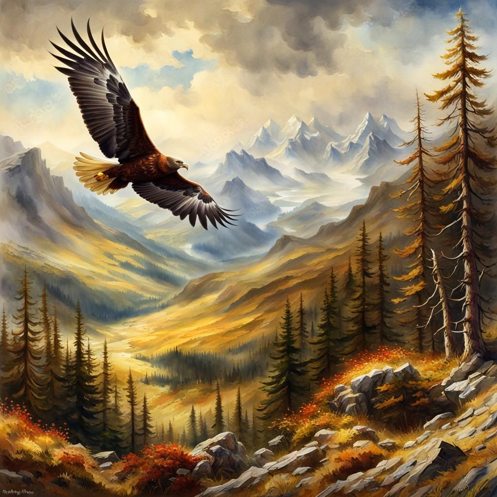 Golden Eagle Soaring in the Hunt for Prey