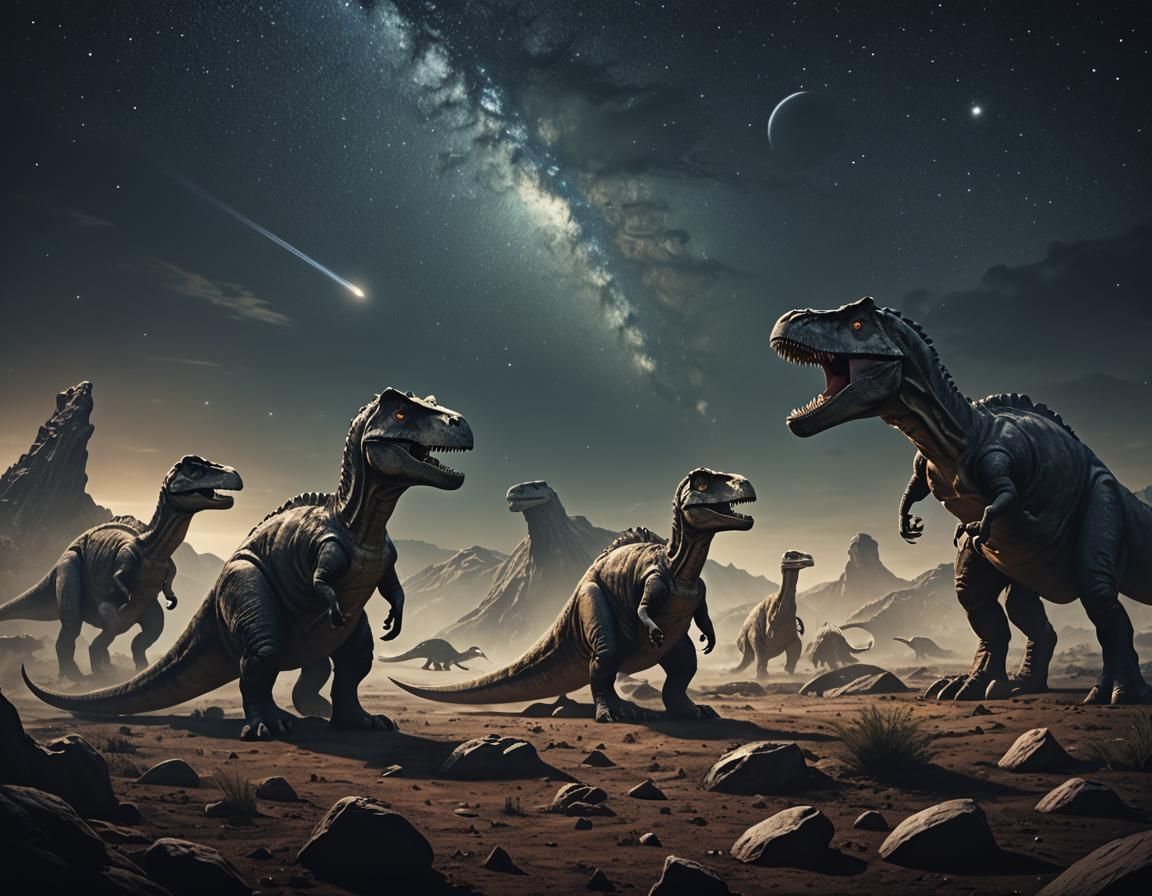 Dinosaurs Praying to a Comet: Dark Fantasy Scene