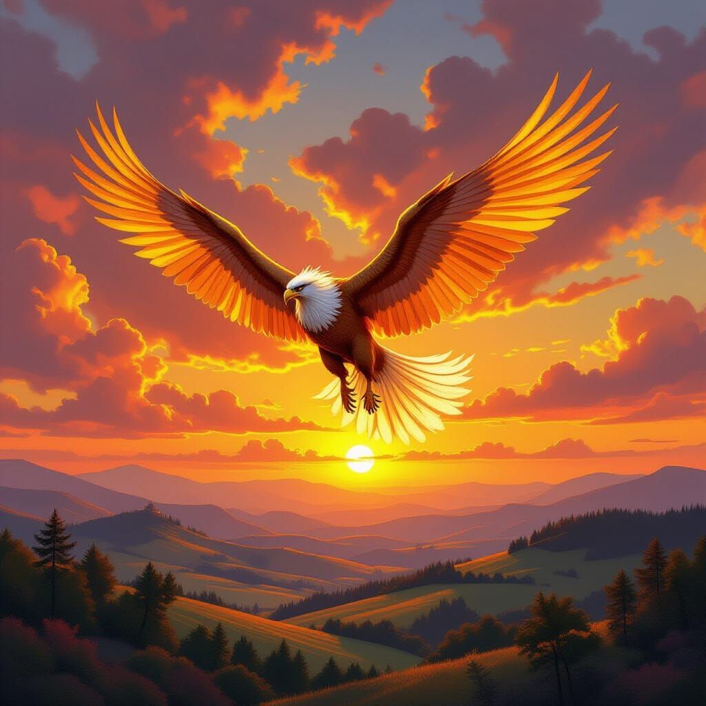 Griffin Soaring at Sunset: Fantasy Oil Painting