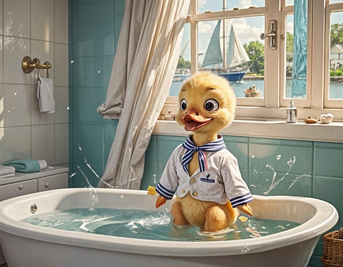 Happy Duckling Sailor in Bathtub Sailboat