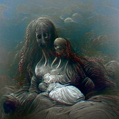 Horrific Mother Figure in Engraving Style