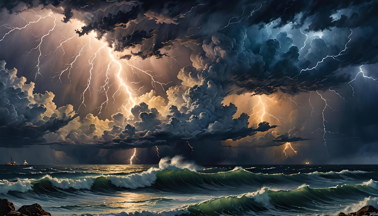 Epic Lightning Storm Over Rough Sea in Hyperrealism