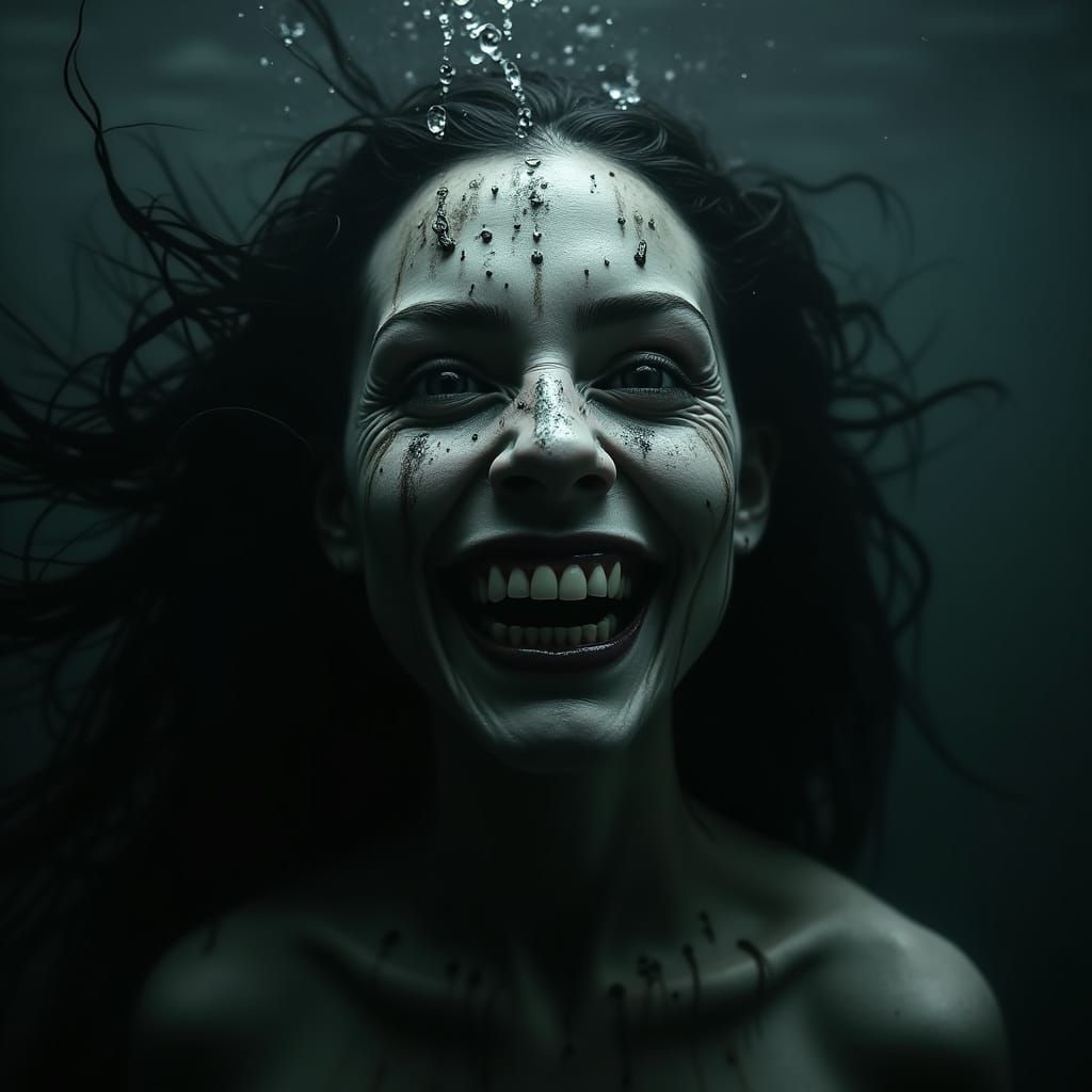 Terrifying Demon Woman Underwater Smiling Sinisterly