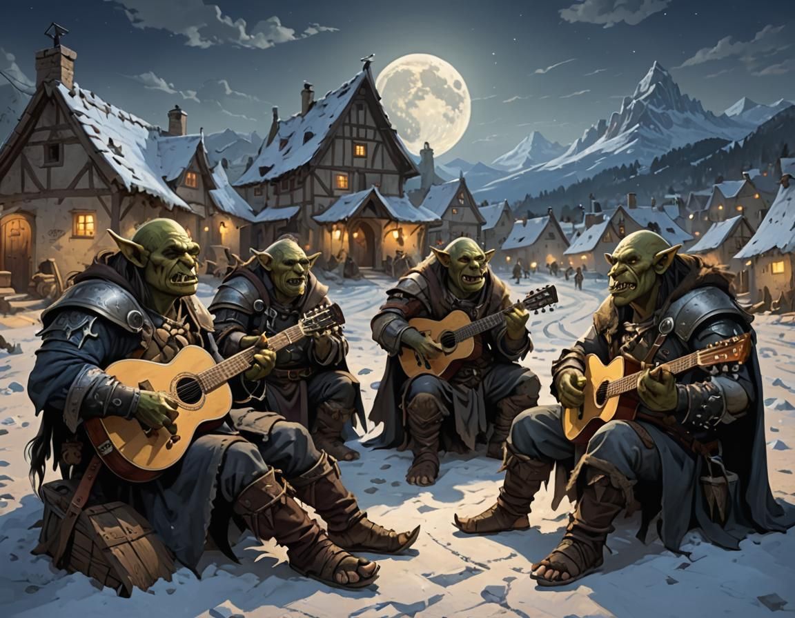 Orcs' Moonlight Serenade in Medieval Village