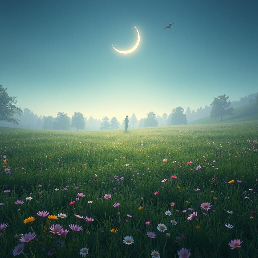Dreamy Meadow Scene Under Silvery Moonlight