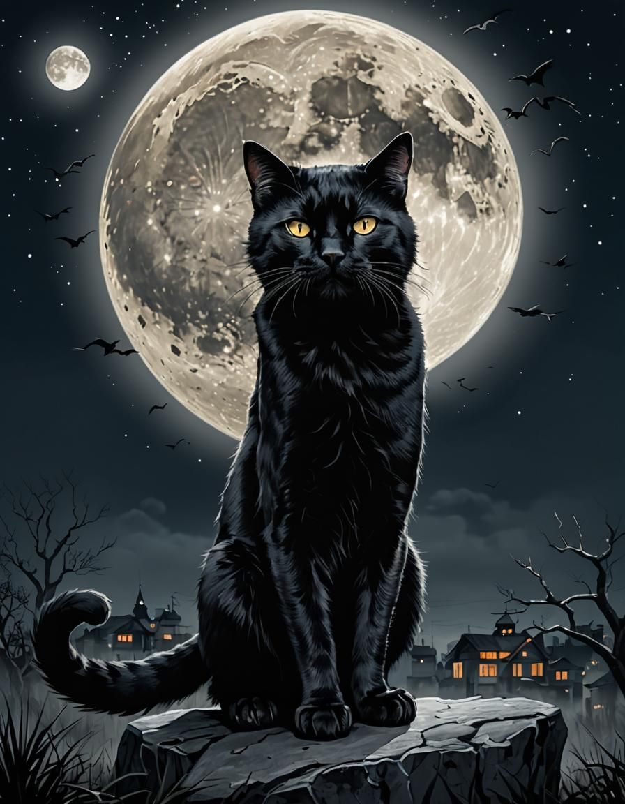 Black Cats Fighting Under Full Moon