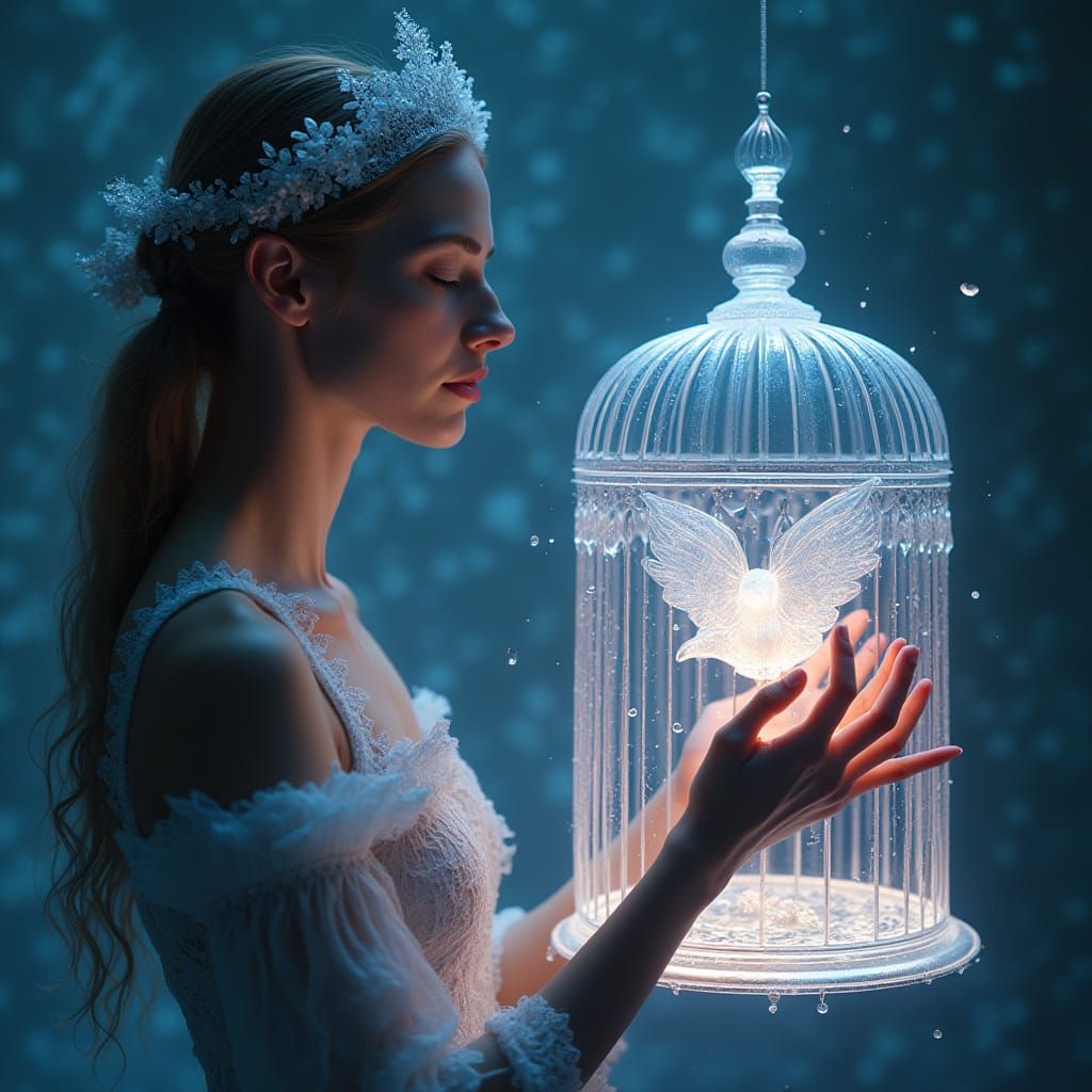 Mystical Woman Frees Glowing Bird in Dreamy, Surreal Quantum...