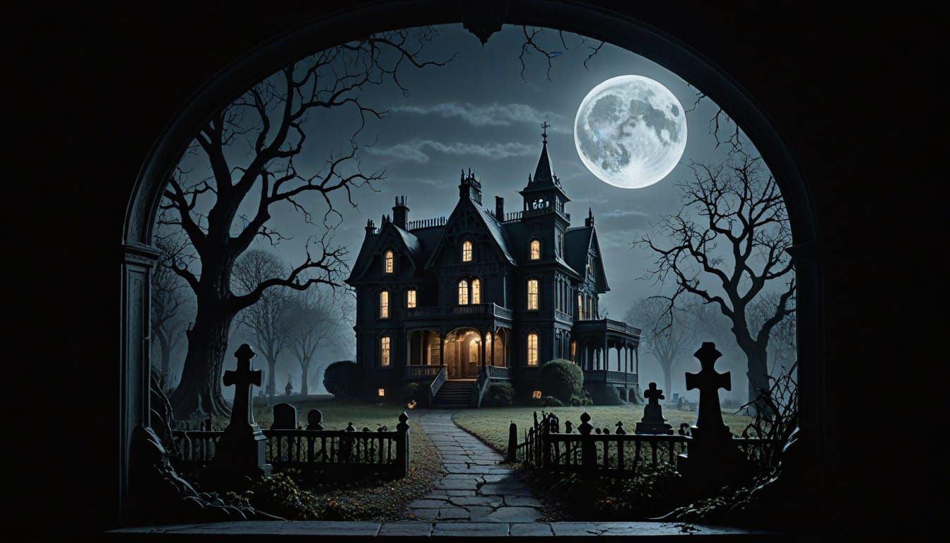 Ethereal Gothic Window with Ghostly Figures at Full Moon