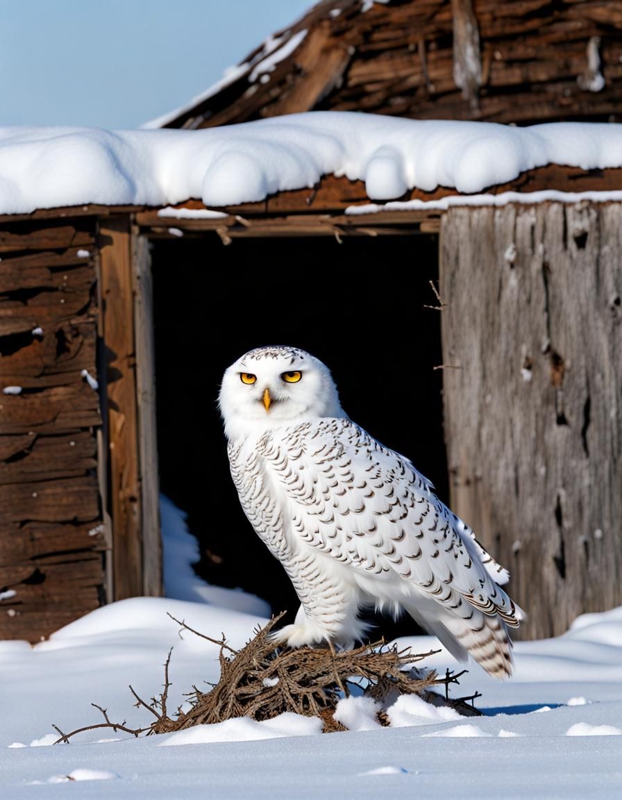 Snowy Owl Hunting in Winter Landscape