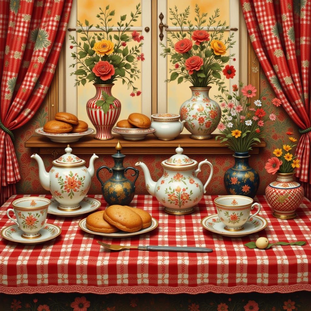 Khokhloma Kitchen Scene in Folk Art Nouveau Style