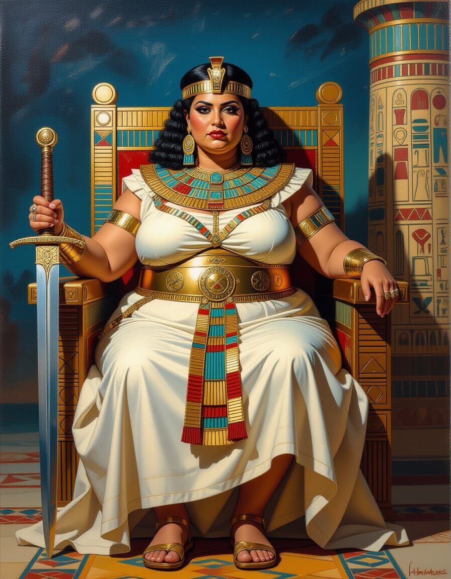 Fierce Egyptian Queen on Throne in Surreal Oil Paint Style