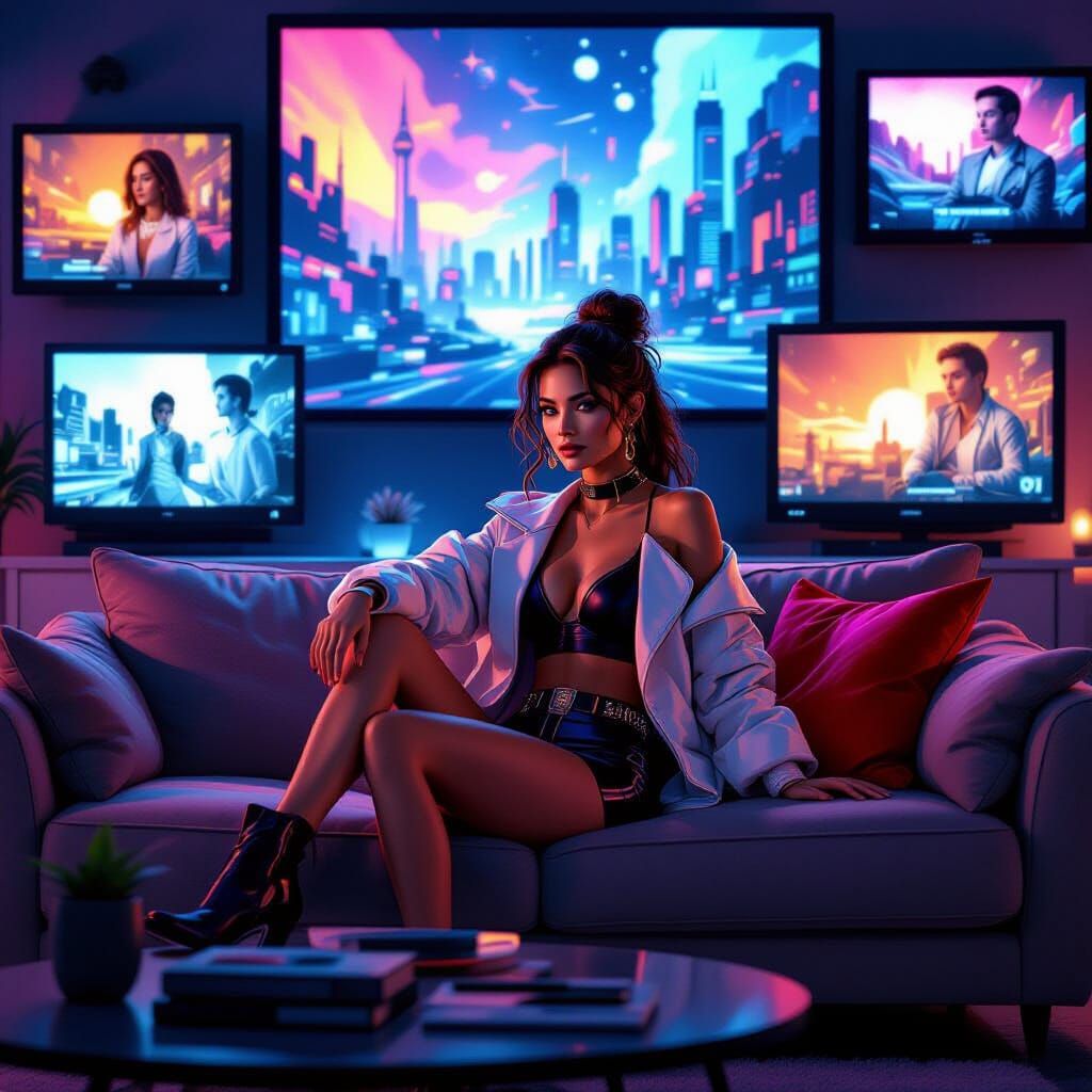 Woman Surrounded by Screens in Retro-Futuristic Style