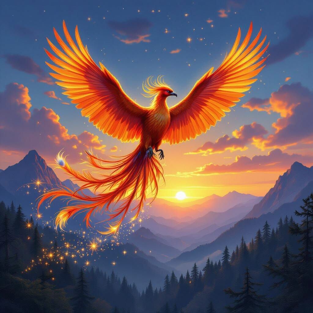 Phoenix Soaring Through Twilight Sky in Hyperrealism