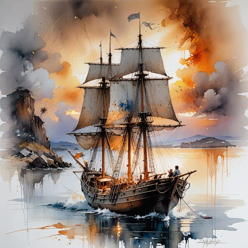 Weathered Fishing Schooner at Sunset