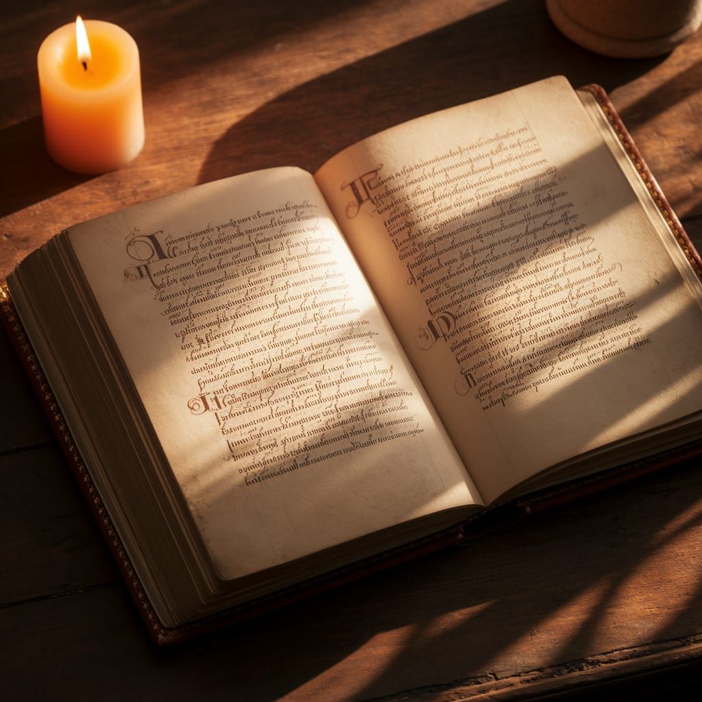 Antique Leather-Bound Manuscript in Warm Candlelight