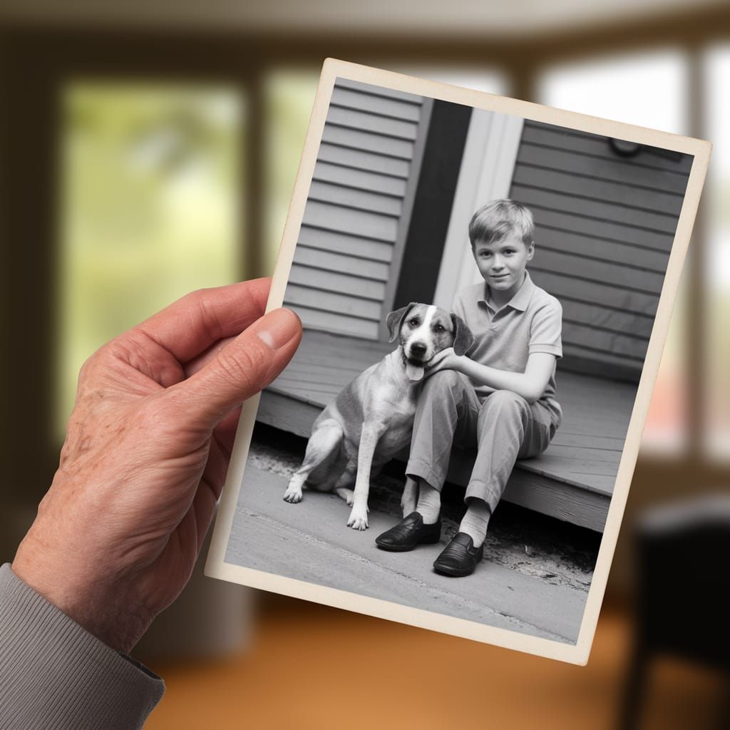 Elderly Man Holds Vintage Photo of Boy and Dog