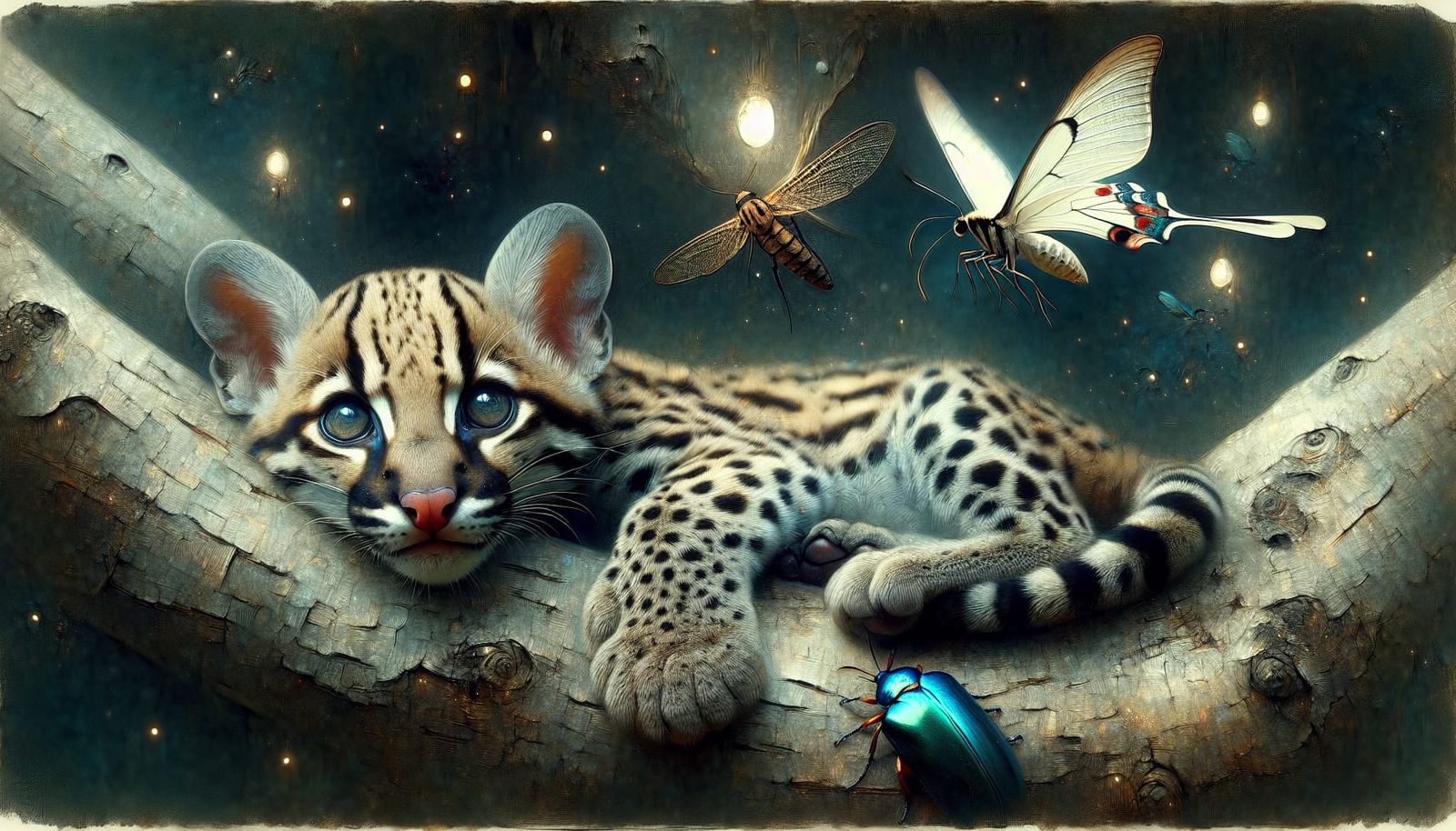 Dreamy Baby Ocelot with Luna Moths and Jewel Beetle