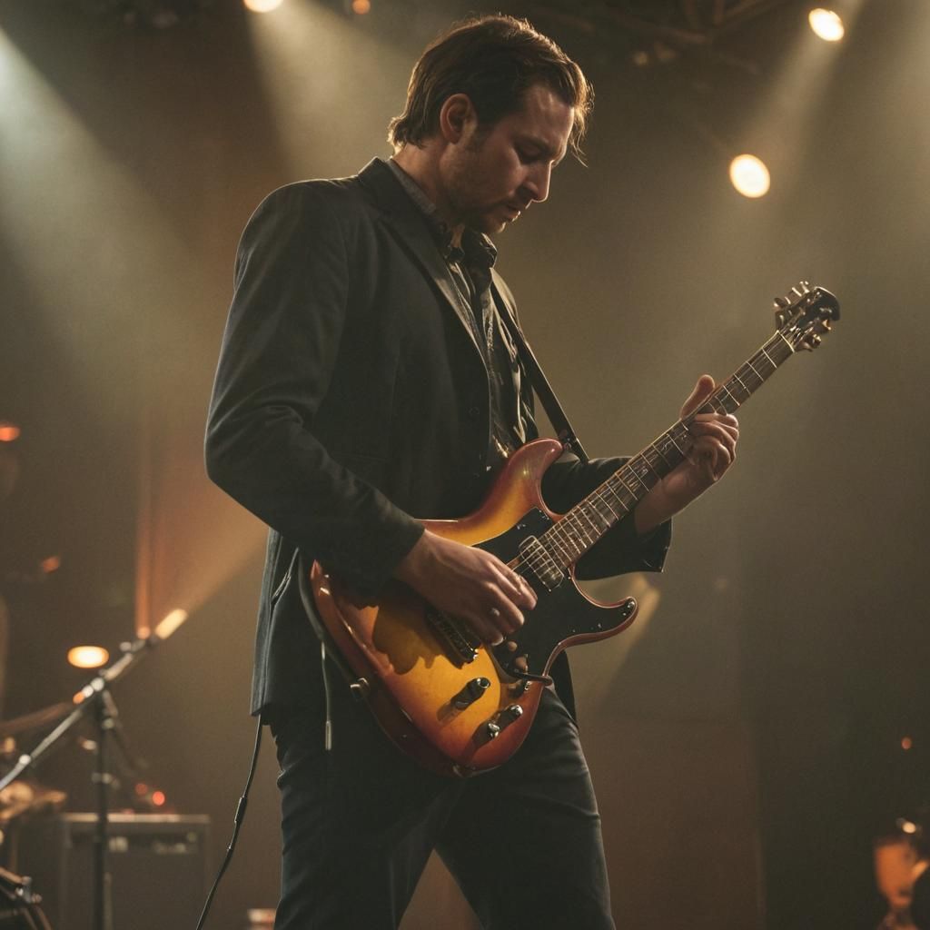 Electric Guitarist on Stage in Golden Light