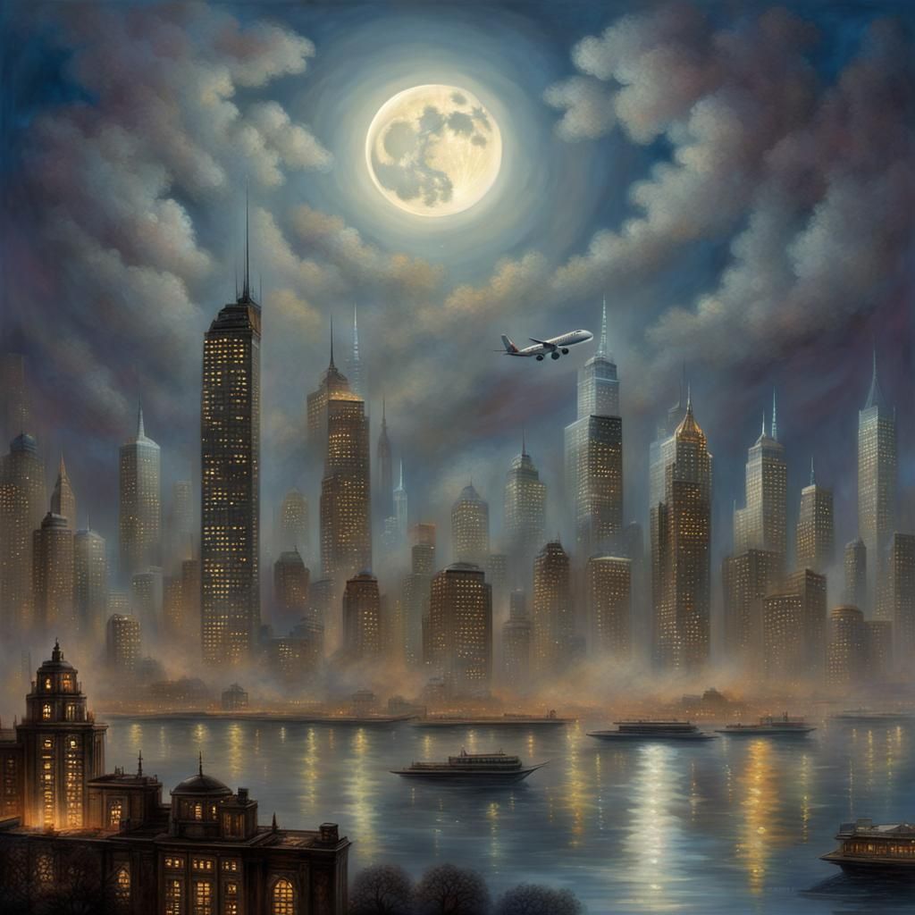 Ethereal Night Cityscape with Moon and Aircraft