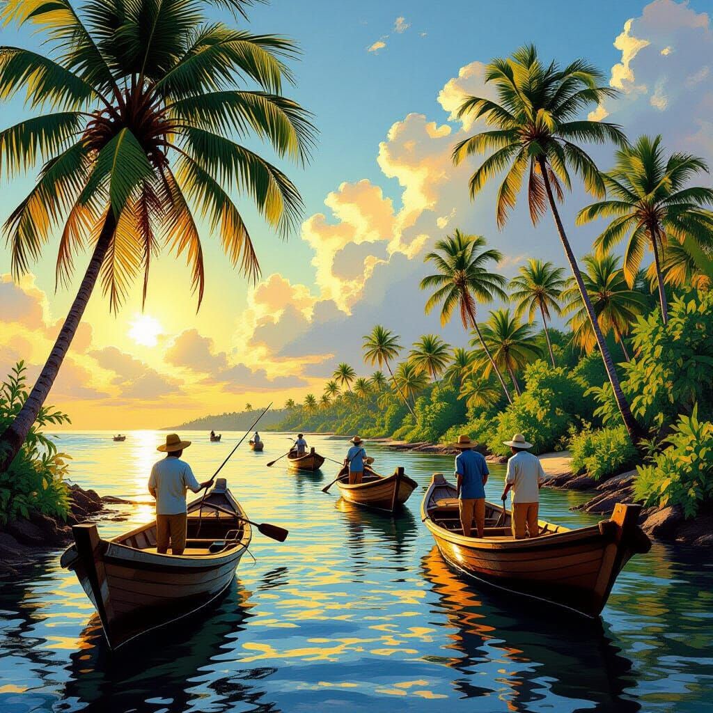Tropical Island Fishing Scene with Golden Hour Light