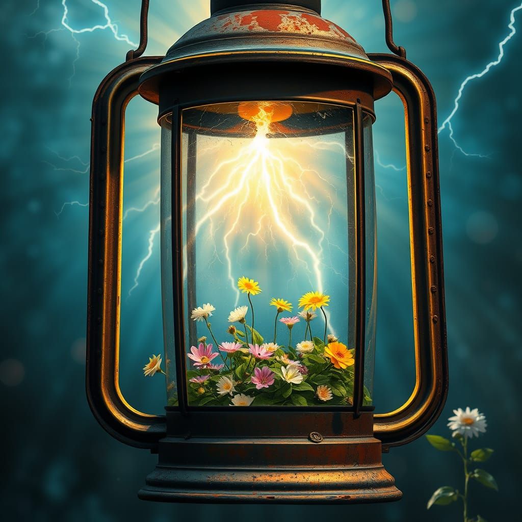 Tranquil Garden Inside Rusty Lantern Amidst Storm