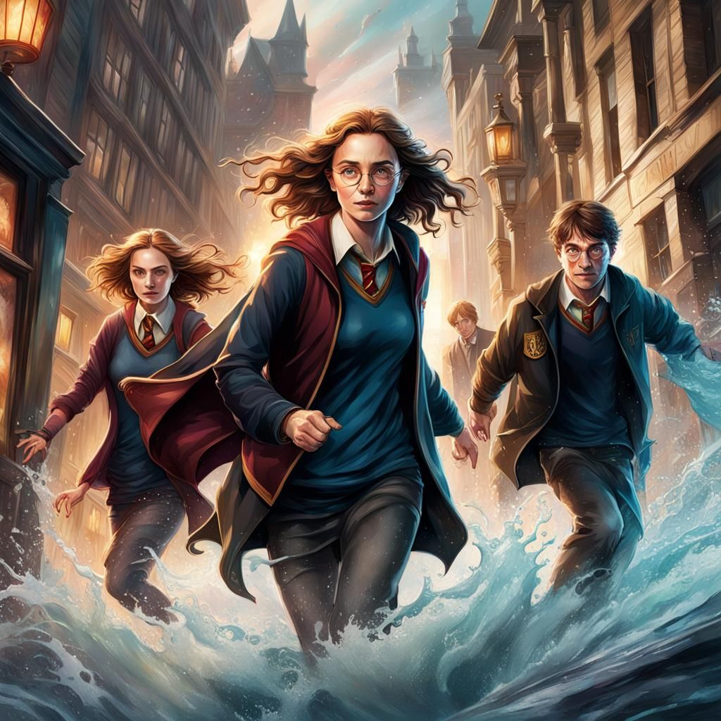 Harry Potter Trio Splashing: Hyperdetailed Digital Portrait