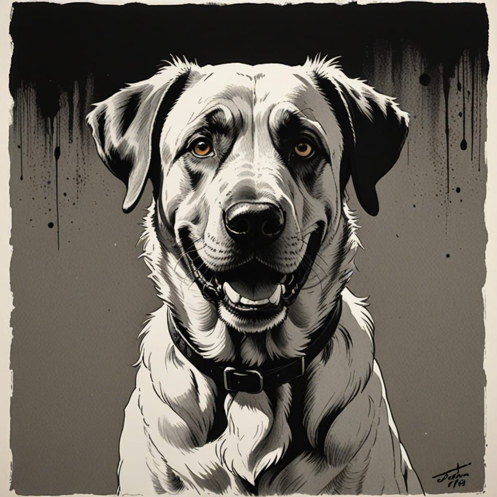 Joyful Anatolian Shepherd Portrait in Charcoal