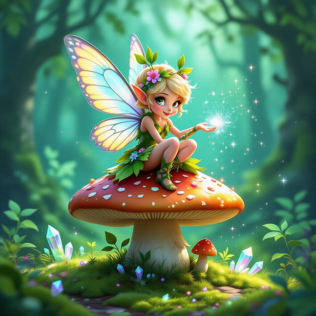 Mischievous Sprite on Giant Mushroom in Magical Forest