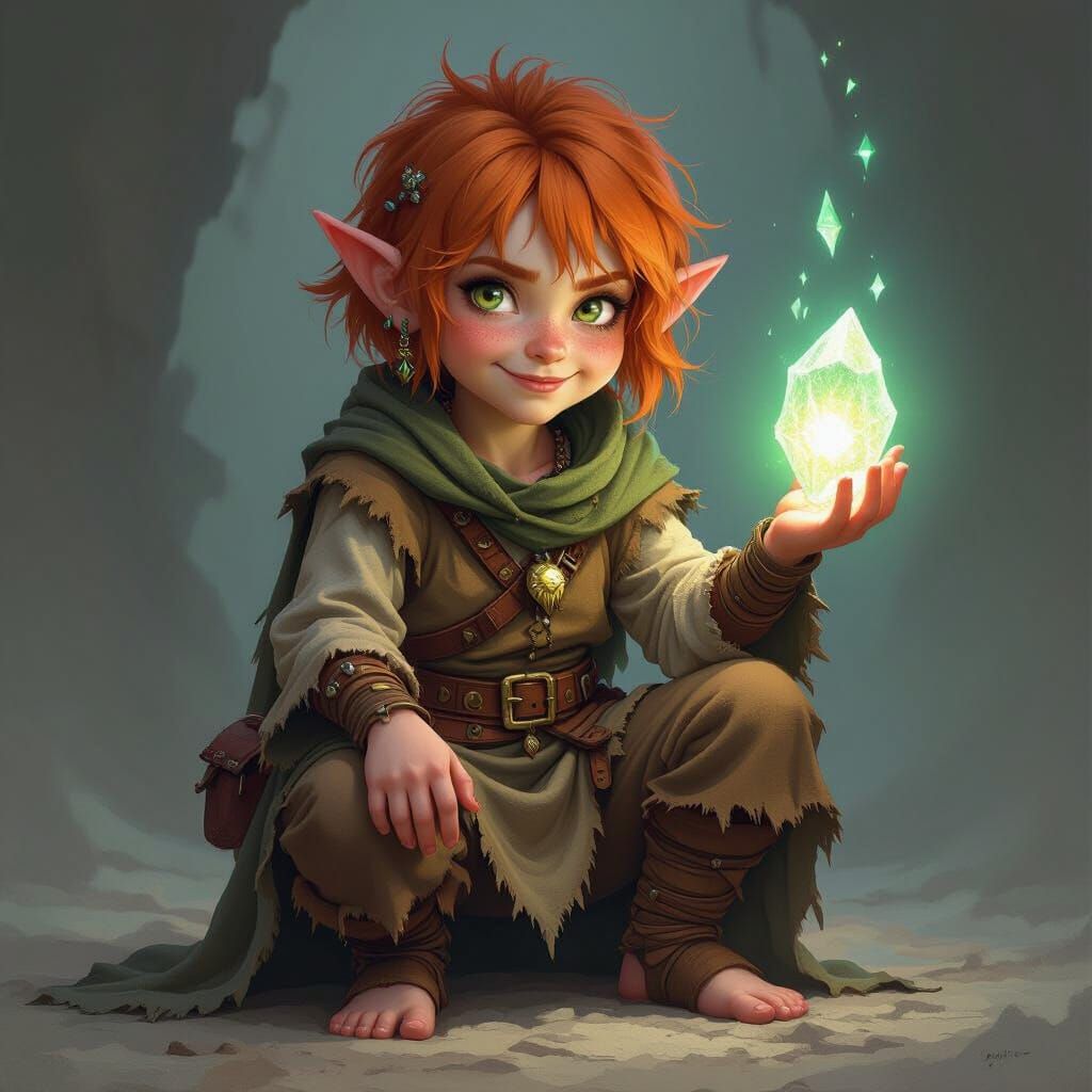 Halfling Shaman Holds Glowing Crystal in Fantasy Art Style