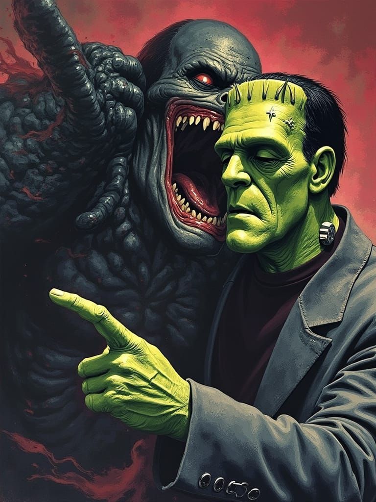 Frankenstein’s monster fighting Darkseid in the style of Ed ...