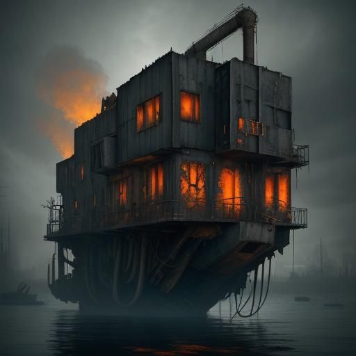Sinister Floating Scrap House in Dystopian Surrealism
