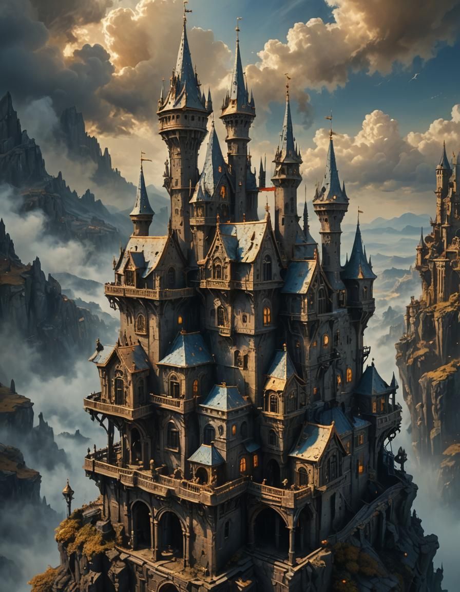 Fantasy Castle in the Sky: Oil Painting Concept Art