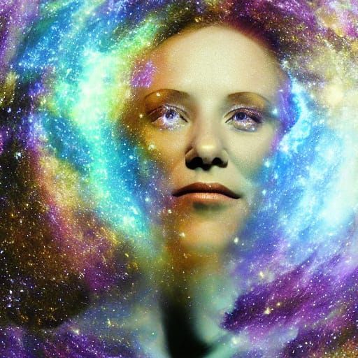 Surreal Cosmic Portrait of a Smiling Woman Merging with Gala...