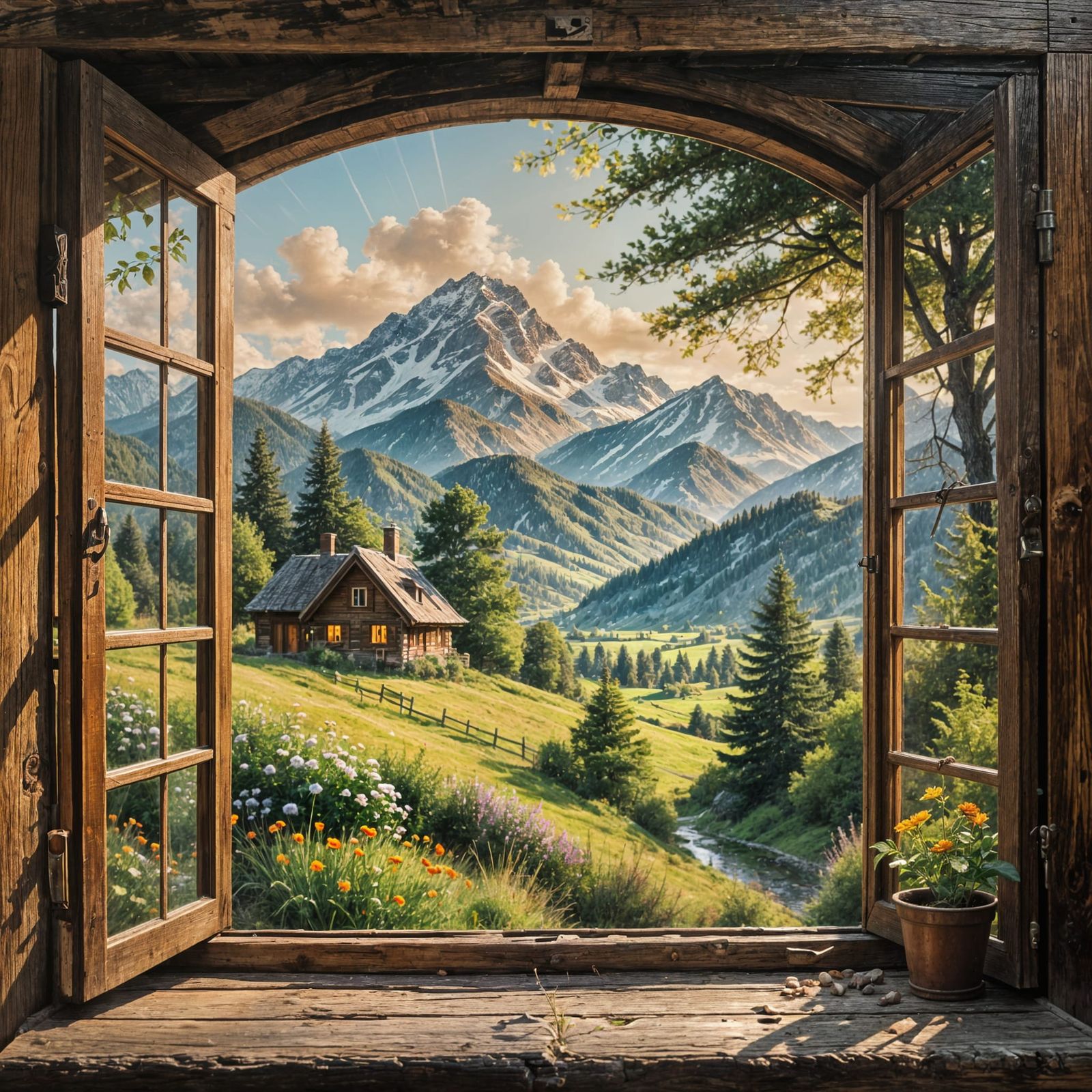Mountain Chalet Scene with Open Window