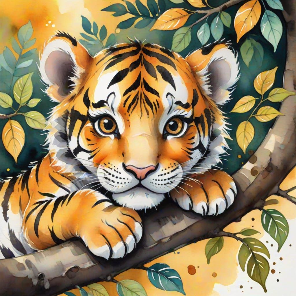 Adorable Tiger Cub in Watercolor Illustration