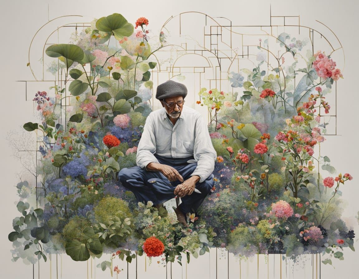 Surreal Florist Cyborg in Opulent Botanical Garden