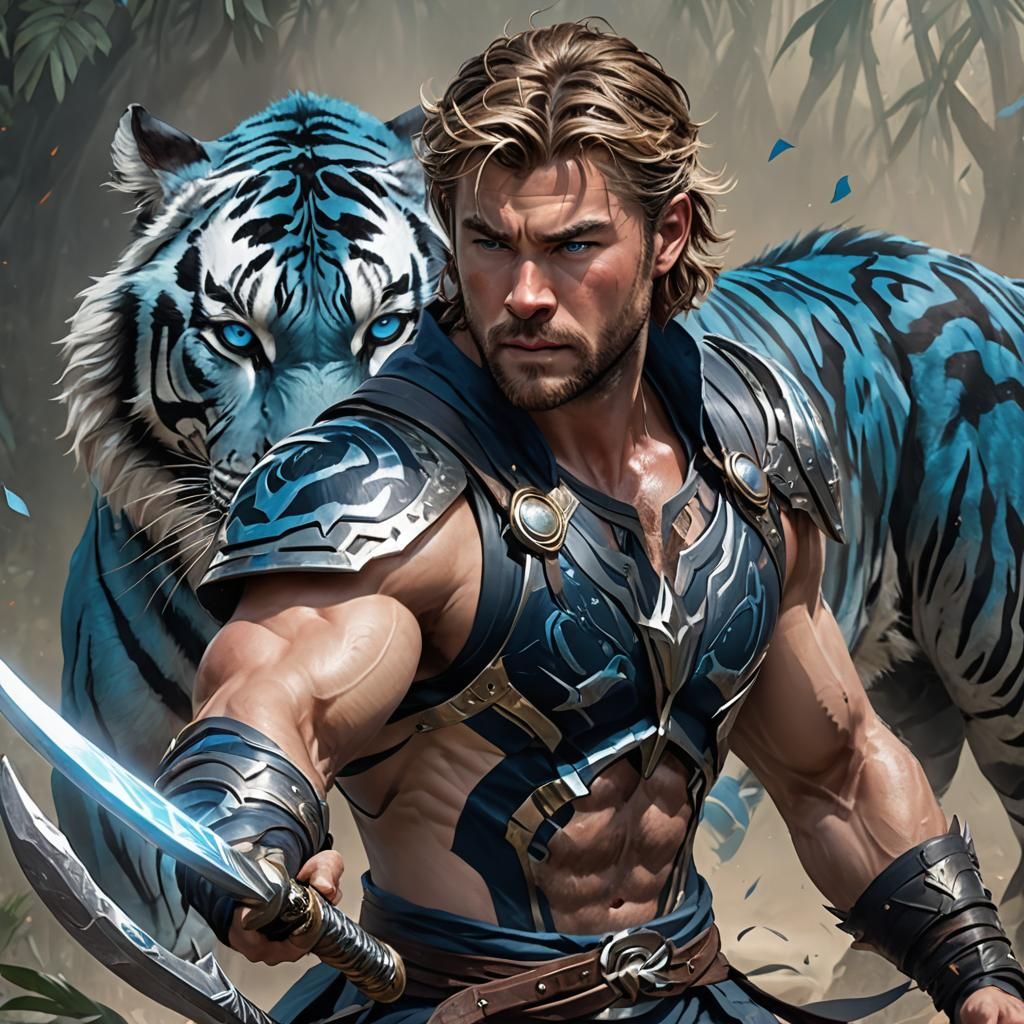 Blue-Eyed Warrior with Tiger: Digital Art Portrait