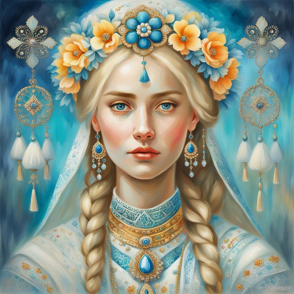 Slavic Girl Portrait with Gold Accents as Watercolor