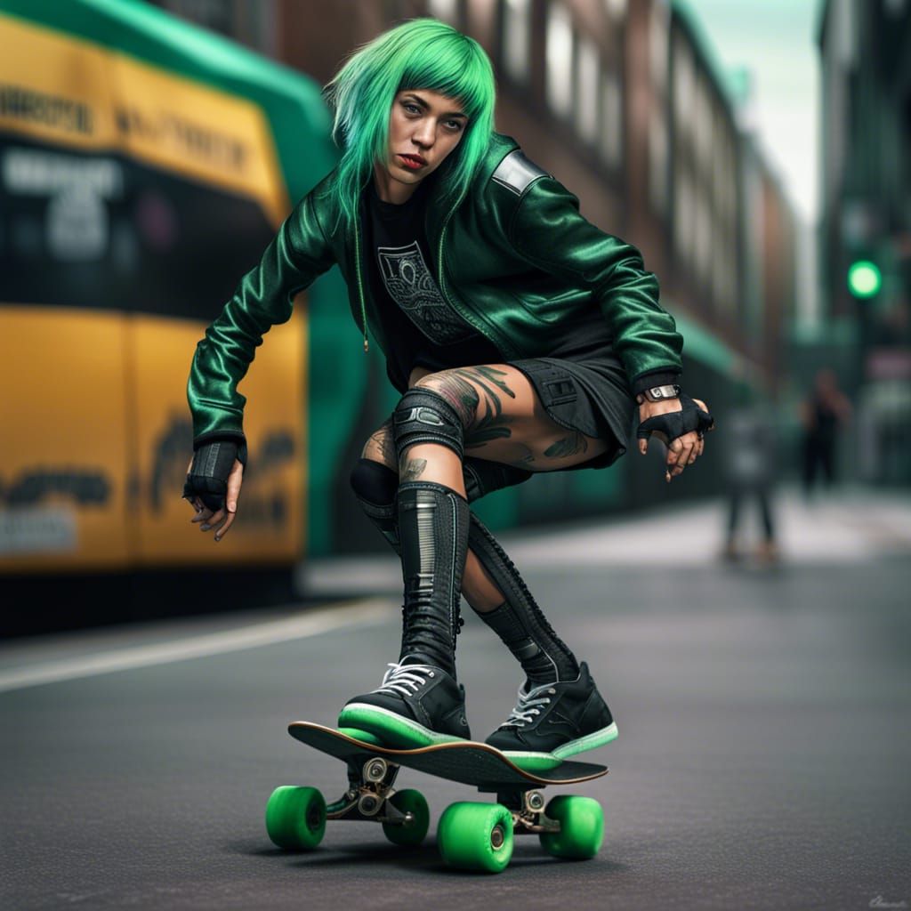 Cyberpunk Skater Girl in Dystopian London: Hyperrealism