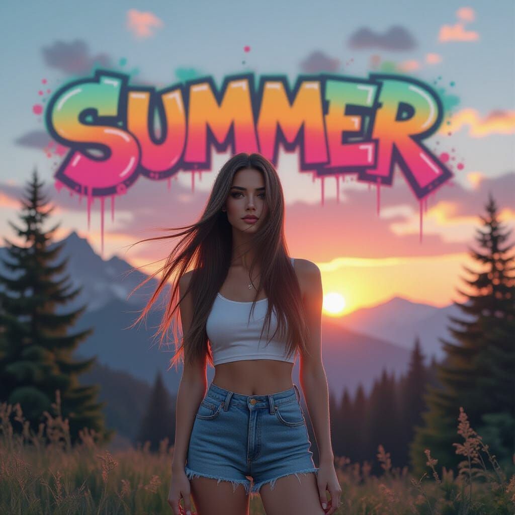 Woman in Alpine Forest with Graffiti: Massurrealism Style