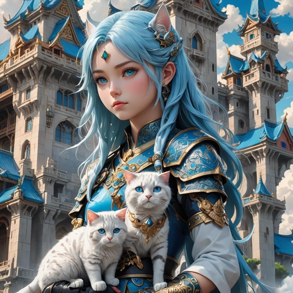 Anime Warrior Queen with Cat and Palace