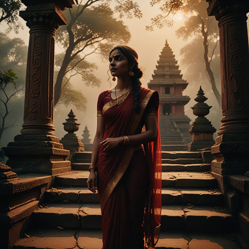 Girl in Red Saree on Temple Steps